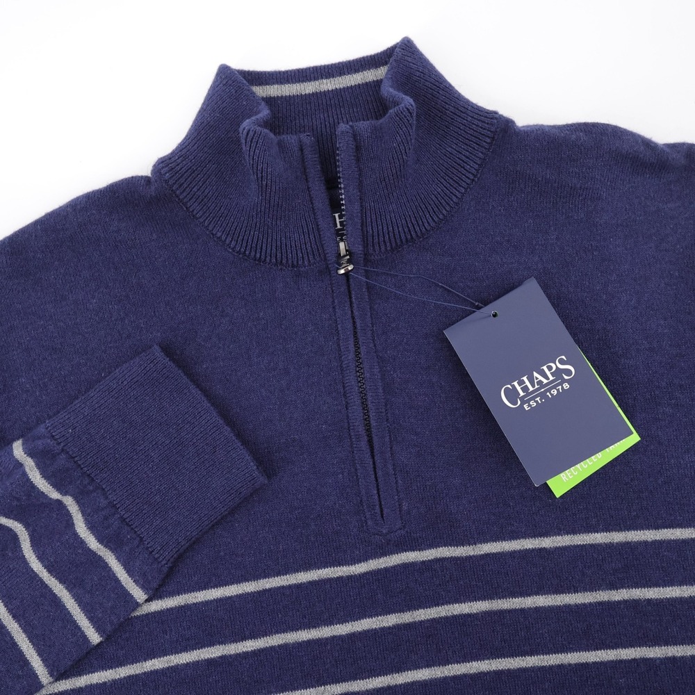 NEW Chaps Striped Quarter Zip Sweater Navy Blue Long Sleeve Mens Medium $70